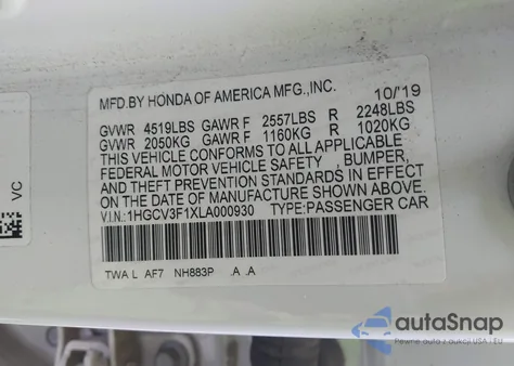2020 Honda Accord Hybrid from USA, damaged, VIN 1HGCV3F1XLA000930